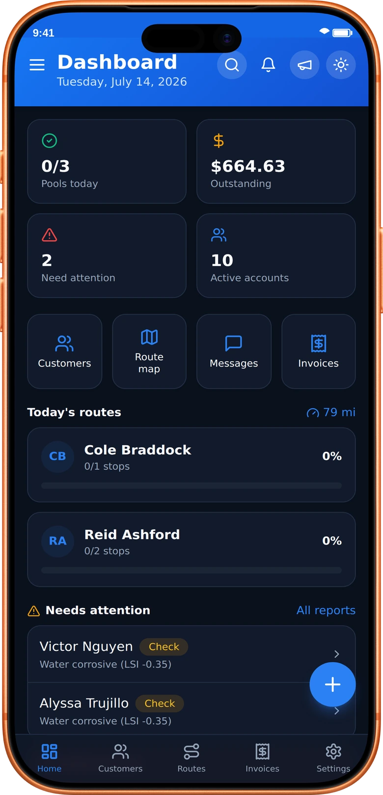 AquaRoute dashboard screen on iPhone